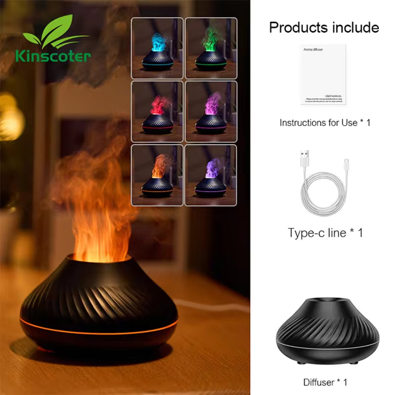 Volcanic Aromatherapy Humidifier 130Ml USB Portable Essential Oils Diffuser with Color Flame Night Light for Home Bedroom Office