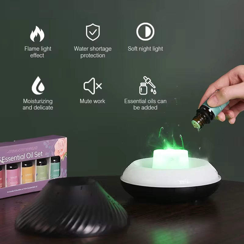 Volcanic Aromatherapy Humidifier 130Ml USB Portable Essential Oils Diffuser with Color Flame Night Light for Home Bedroom Office