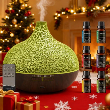 550Ml Essential Oil Diffuser Humidifier, Ultrasonic Wood Grain Aroma Diffuser with Remote, LED Flame Night Light&Timer,Diffuser