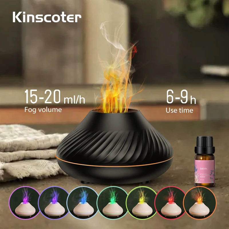 Volcanic Aromatherapy Humidifier 130Ml USB Portable Essential Oils Diffuser with Color Flame Night Light for Home Bedroom Office