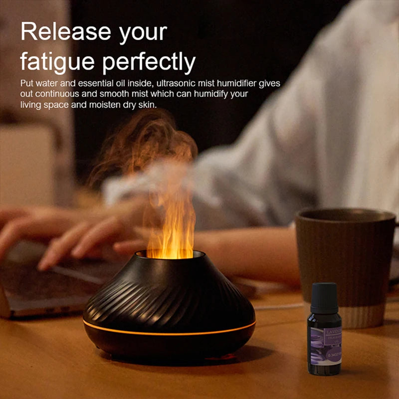 Volcanic Aromatherapy Humidifier 130Ml USB Portable Essential Oils Diffuser with Color Flame Night Light for Home Bedroom Office