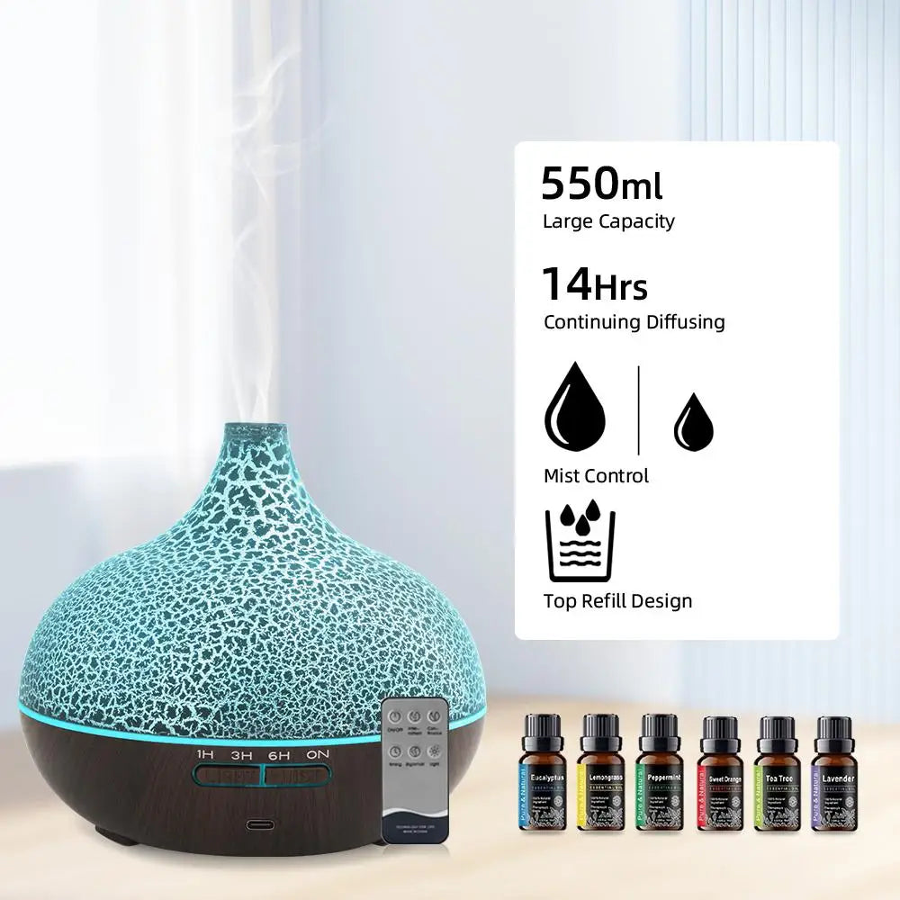 550Ml Essential Oil Diffuser Humidifier, Ultrasonic Wood Grain Aroma Diffuser with Remote, LED Flame Night Light&Timer,Diffuser
