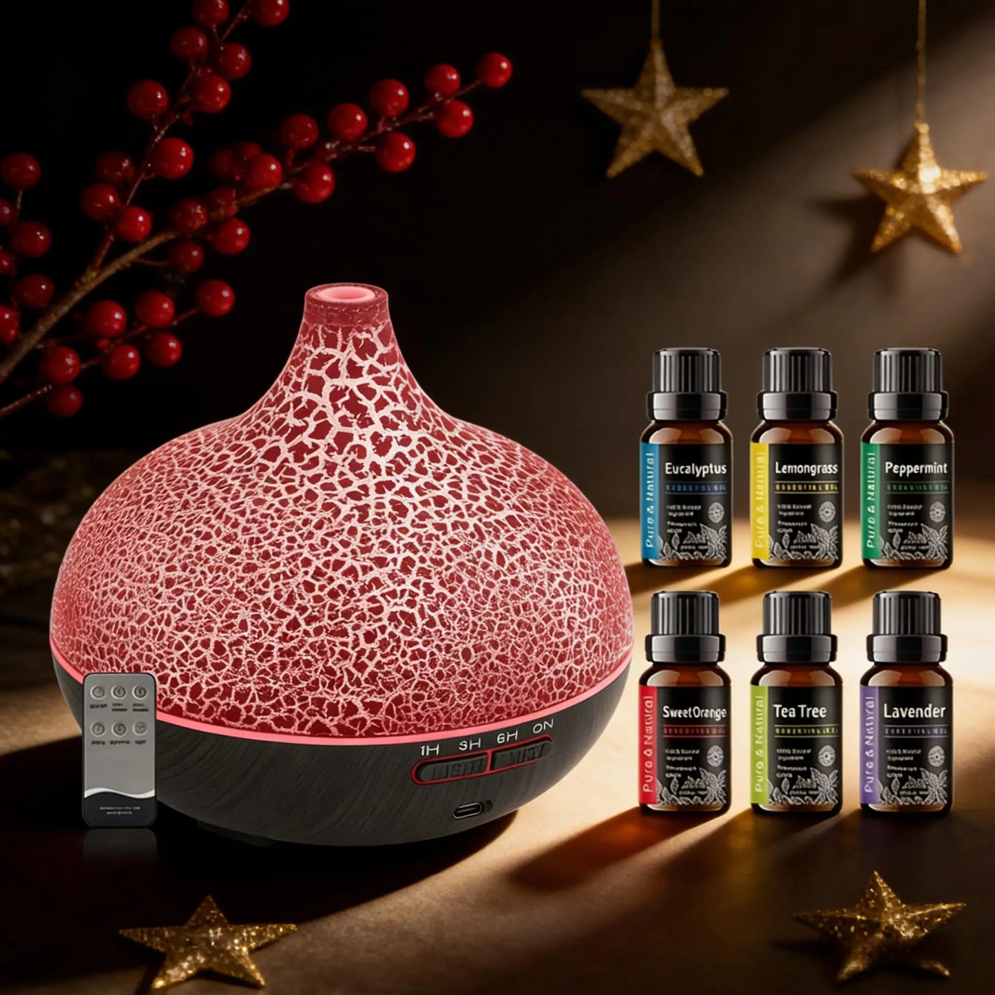 550Ml Essential Oil Diffuser Humidifier, Ultrasonic Wood Grain Aroma Diffuser with Remote, LED Flame Night Light&Timer,Diffuser