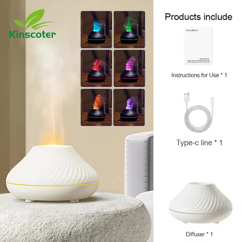 Volcanic Aromatherapy Humidifier 130Ml USB Portable Essential Oils Diffuser with Color Flame Night Light for Home Bedroom Office